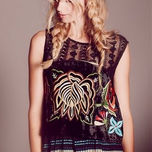 FREE PEOPLE Black Embroidered Velvet Top